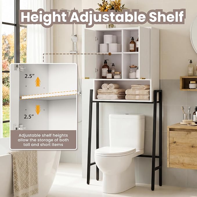 25" W Over The Toilet Storage Cabinet with Fluted Door,Bathroom Organizers and Storage with Adjustable Shelves, Modern Over Toilet Organizer for Bathroom,Restroom,Laundry,White