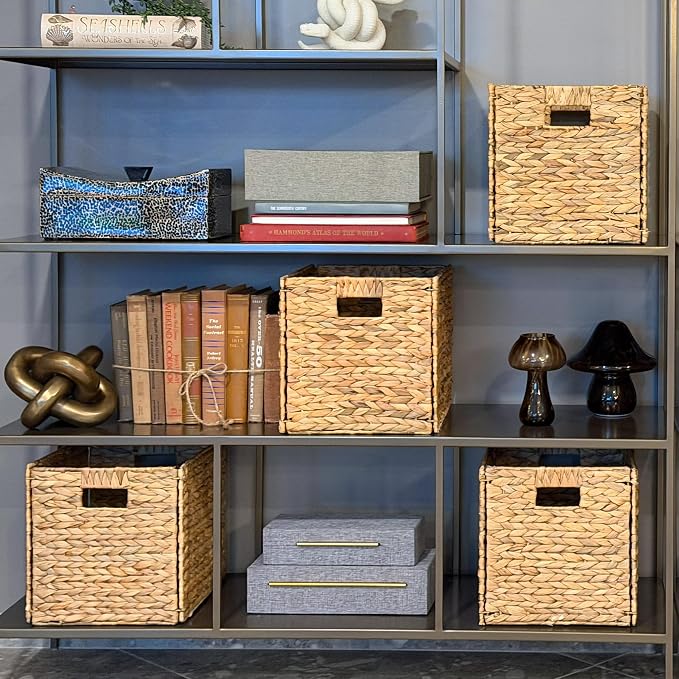 6 Hand-Woven Wicker Storage Baskets 13x11x11in, Water Hyacinth Shelf Bins | ECO-FRIENDLY & SUSTAINABLE