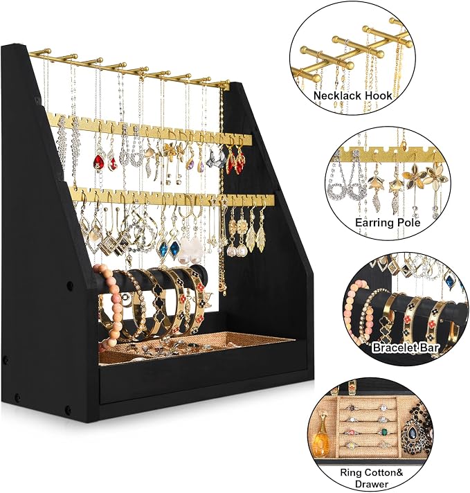 DGWJSU Jewelry Organizer Stand, 5 Layer Earring Holder Organizer with Necklace Holder, Rustic Wood Earring Organizer Display for Stud Earring Bracelet Necklace Ring, Watches (Black Gold)