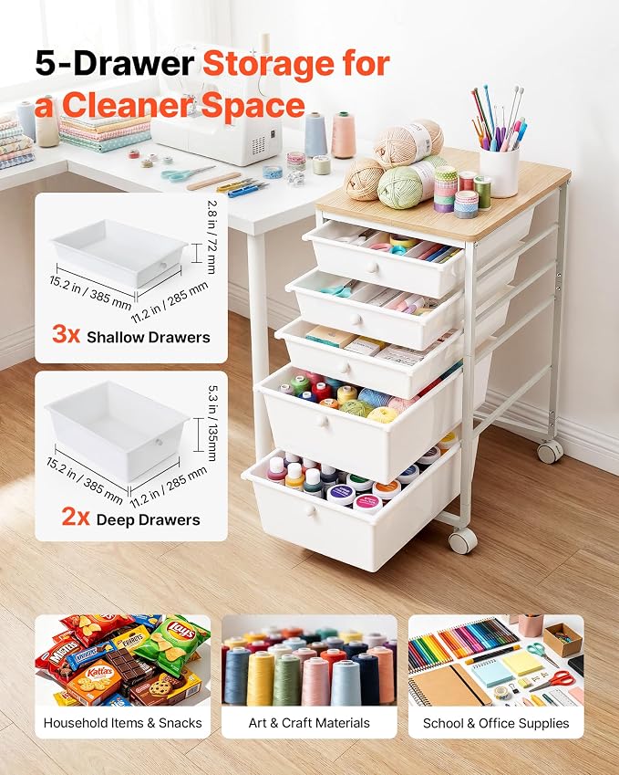 VEVOR Rolling Cart with Drawers, 5 Drawer Storage Organizer, Mobile Utility Cart with Wood Top, Steel Frame, Universal Casters & 2 Brakes, for Office, Classroom, Craft Supplies, Bedroom, Makeup, White