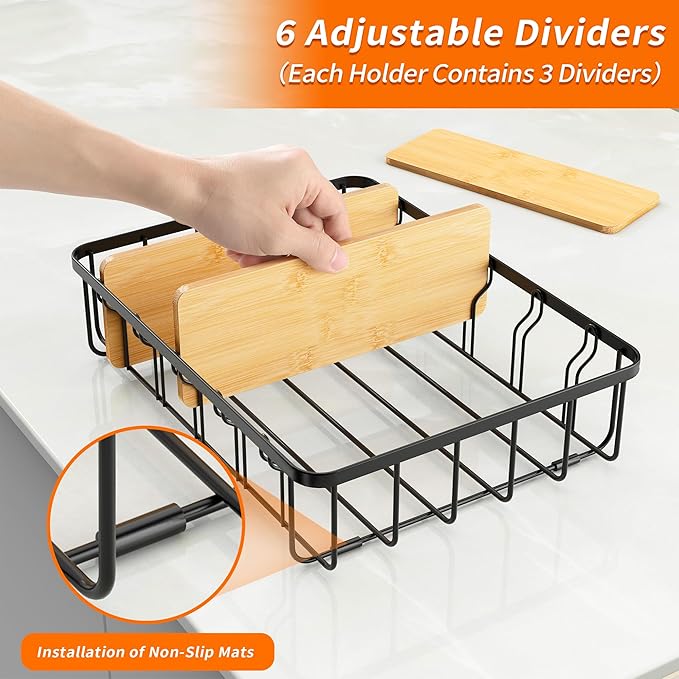2-Pack Adjustable Lid Organizers - Large Kitchen Cabinet Organizer for Food Storage Container and Tumbler Cup Lids with 6 Bamboo Dividers - Organizers in Kitchen/Pantry/Laundry Room