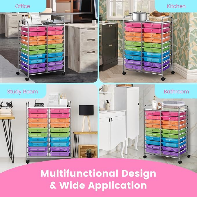 COSTWAY 20-Drawer Rolling Storage Cart, Utility Storage Organizer Cart | For Tools, Scrapbook, Paper, Craft, Multipurpose Storage Trolley on Wheels for Home Office School (Rainbow)