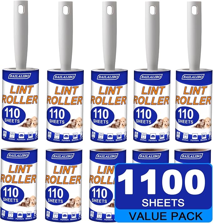 BAILALIBO Lint Roller for Pet Hair, 1100 Sheets | Extra sticky, removes hair from clothes/couches/carpets, reusable, compact for travel, for dog/cat owners