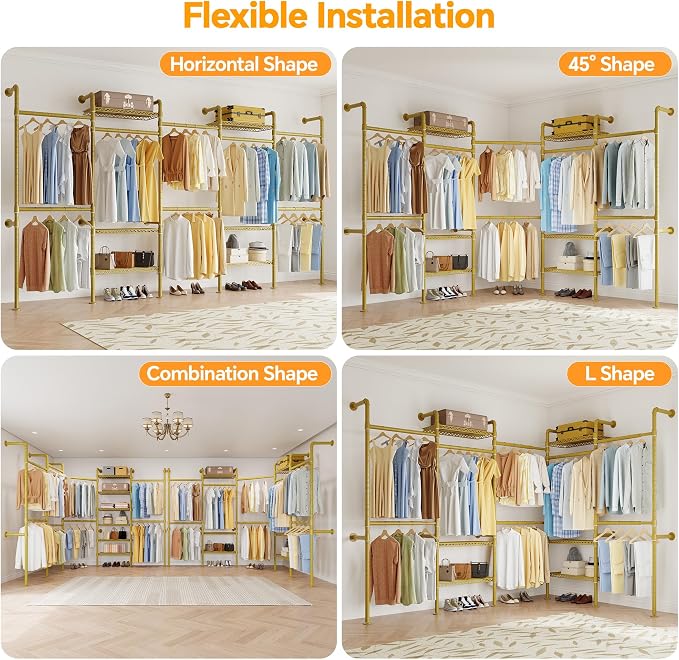 Higeego W5 Adjustable Clothing Rack, Wall Mounted Closet System Expandable Clothes Rack Adjustable Shelves, Heavy Duty Pipe Wardrobe for Walk-in/Reach-in Closet, 9-12 ft Wide 1300LBS Load, Gold