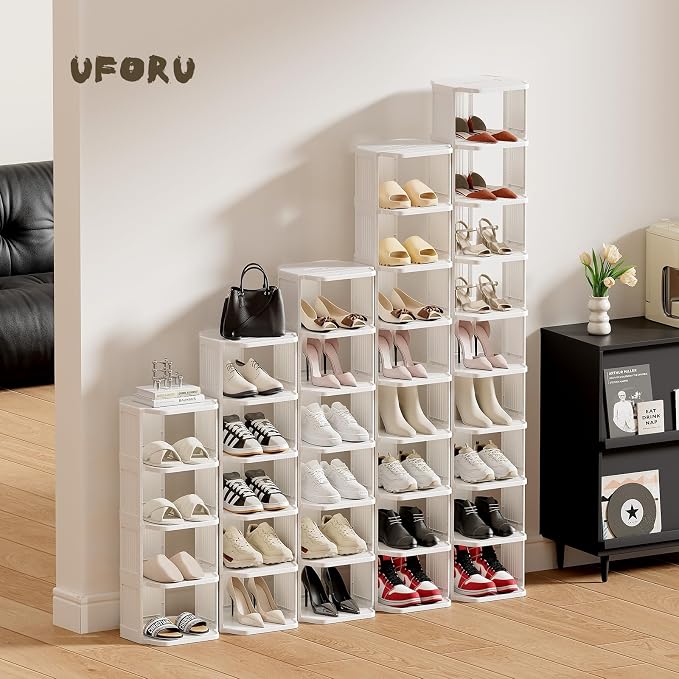 UFORU Small Shoe Rack, 5 Tier Plastic Vertical Shoe Rack for Small and Narrow Spaces, Free Standing Shoe Organizer for Closet, Entryway