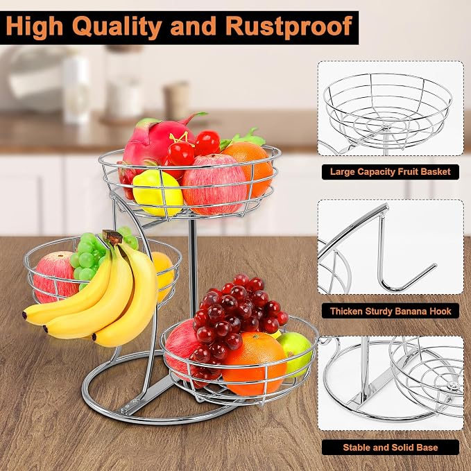 Livabber Fruit Basket Bowl with Banana Hanger, Fruit Vegetable Storage Basket with Banana Tree Holder for Kitchen Counter, Detachable Organizer for Bread Snack Produce (Chrome, 3-Tier Metal Base)