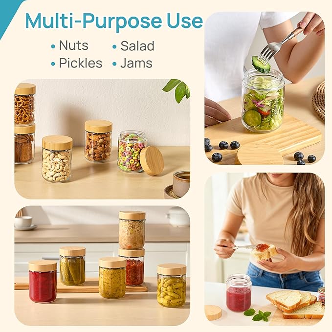 Vtopmart 6 Pack 16oz Glass Overnight Oats Containers with Bamboo Lids | Airtight, Leak Proof, Good Grade, Wide Mouth, Reusable, Portable, For Yogurt Chia Pudding Salad Pickling Snacks