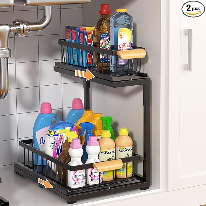 Under Sink Organizer 2 Tier, Pull Out Drawer Slides Under Sink Storage for Bathroom Kitchen,Multi-Purpose Drawer Under Cabinet Organizer for Cleaning Supplies (Black, Large-1 Pack)
