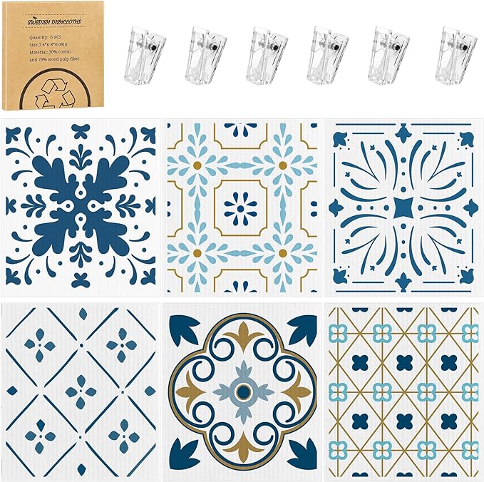 Needbrock 6 Pack Swedish Dishcloths for Kitchen,Swedish Rags Dish Towels with Clips, Reusable Paper Towels Washable Absorbent Cellulose Sponge Cloths for Countertop Dishes Sink Kitchen