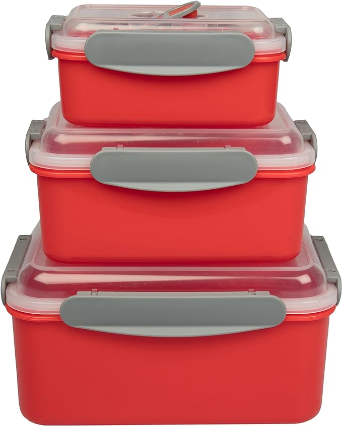 Microwave Vegetable Steamer Containers - 3 Pack Reusable Nesting Food Storage Large, Medium, Small - Meal Prep Containers, Store Leftovers -Locking Steam Vent Lids - BPA Free, Fridge and Freezer Safe