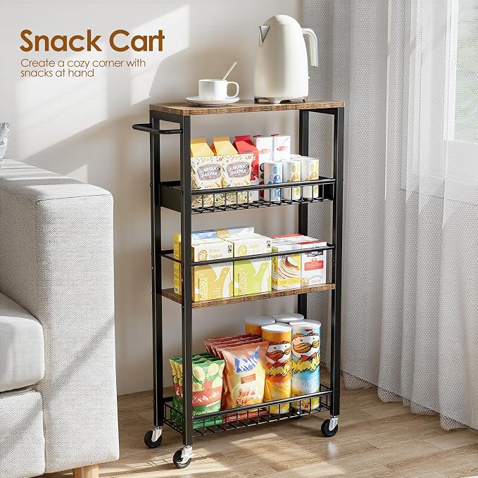 Slim Rolling Storage Cart, 4 Tier Narrow Storage Cart, 7.1in(W) | Metal Kitchen Rolling Cart for Small Spaces, Narrow Shelf for Kitchen, Laundry Room, Bathroom, Living Room
