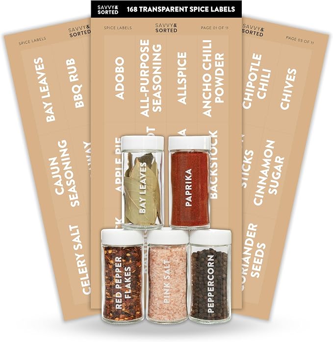 Clear Spice Labels for Glass Jars, 168 Preprinted Spice Jar Labels, Waterpoof Seasoning Herb Stickers Only, Kitchen Container Pantry Organization