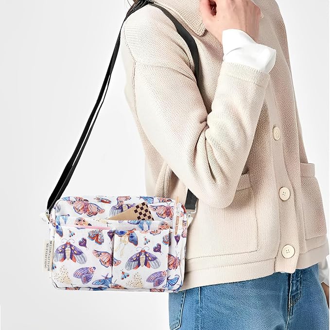 Portfolio Organizer with Multiple Pockets, Waterproof Travel Zippered Toiletry Bag, Portable Storage Pencil Pouch for Notebooks, Stationeries, Make-up, Journal Office Art Supplies.White Moth