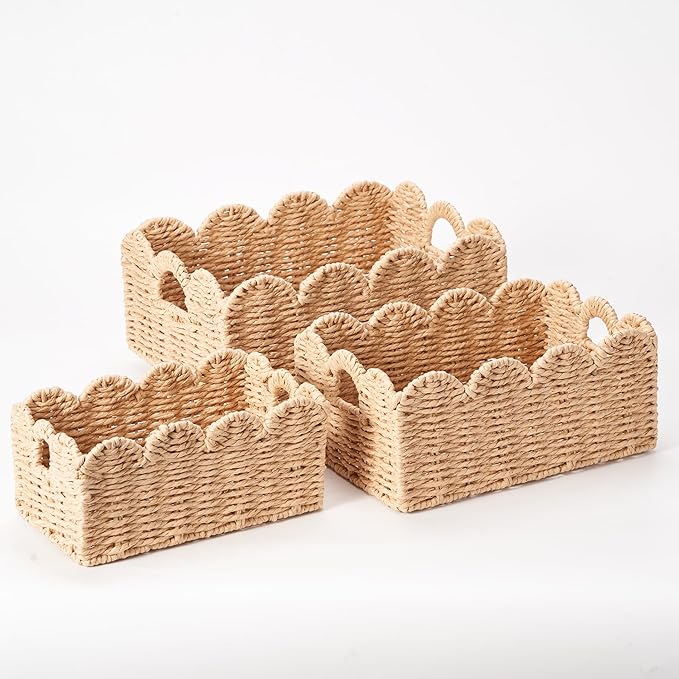 Scalloped Wicker Baskets, Set of 3 Hand-Woven Storage Baskets with Handles - Paper Rope Shelf Organizers & Decorative Baskets for Shelves, Closet, Bathroom (Beige）