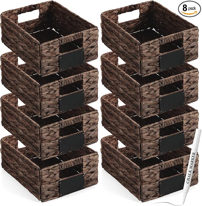 Nitial Wicker Storage Basket, Rectangular Water Hyacinth Storage Basket for Shelving, Foldable Woven Pantry Organizer with Chalkboard Label and Chalk Marker(12 x 9 x 5 Inch,Dark Brown)
