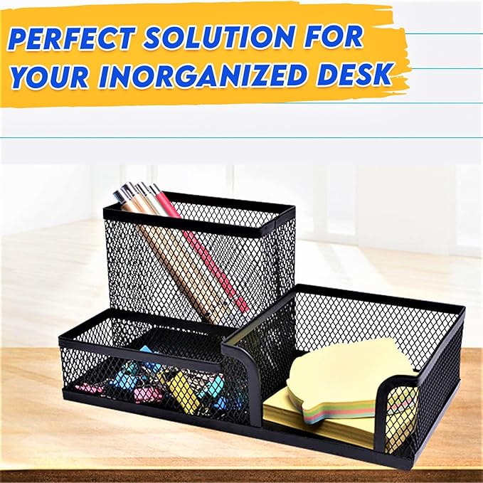 2 Pack 3 in 1 Mesh Pen Holder for Desk, 3 Compartments Pencil Holder Desk Organizer Caddy with Sticky Notes Holder Easy Storage Suitable for Home, Office and School