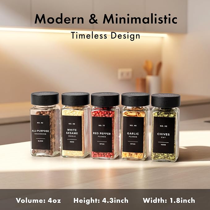 EDELHAUS Glass Spice Jars with Label, 24x Black Bamboo Wooden Lids | Airtight Lids keep spices fresh, Kitchen Spice Drawer Organizer, 4oz Seasoning Containers incl. Funnel, Brush & 240 Labels
