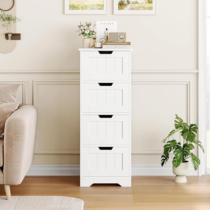 FOTOSOK Bathroom Storage Cabinet, Bathroom Cabinet with 4 Drawers, 11.8 x 11.8 x 32.5 Inches Small Bathroom Storage Cabinet, Freestanding Floor Bathroom Organizers and Storage for Entryway, White