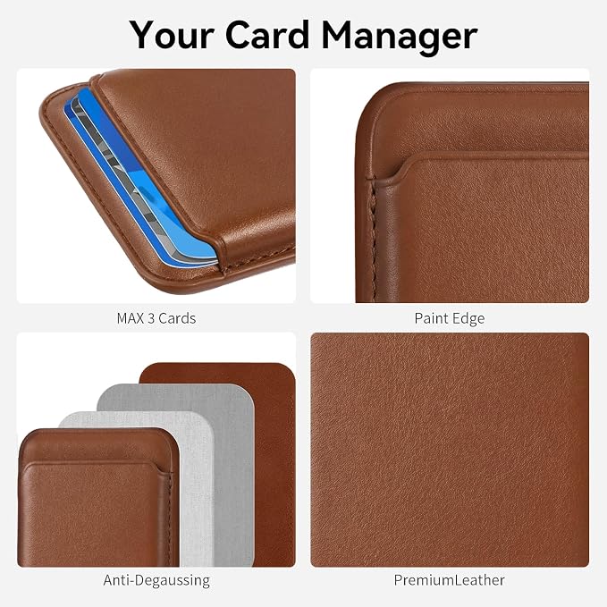 Magnetic Wallet Phone Card Holder for Phone Case with Mag-Safe, Stronger Magnetic RFID Leather Phone Wallet Stick on Series of iPhone 17/16/15/14/13/12 and Pro/Promax, Caramel Brown