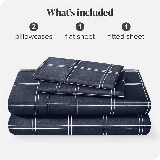 Bare Home Queen Sheet Set - Luxury 1800 Ultra- Soft Double Brushed Microfiber - Deep Pockets - Easy Fit - 4 Piece Bedding Sheet Set (Queen, Modern Plaid -Midnight/White)