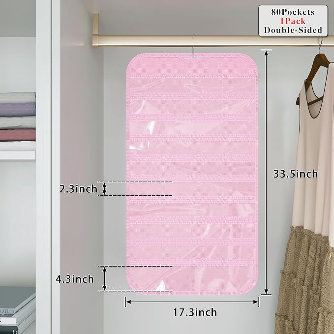 Hanging Jewelry Organizer 80-Pocket Double-Sided Storage, 1-Pack, Pink | Foldable clear PVC 80-pocket storage; swivel hook fits walls, doors & rods to organize earrings, necklaces, bracelets & rings