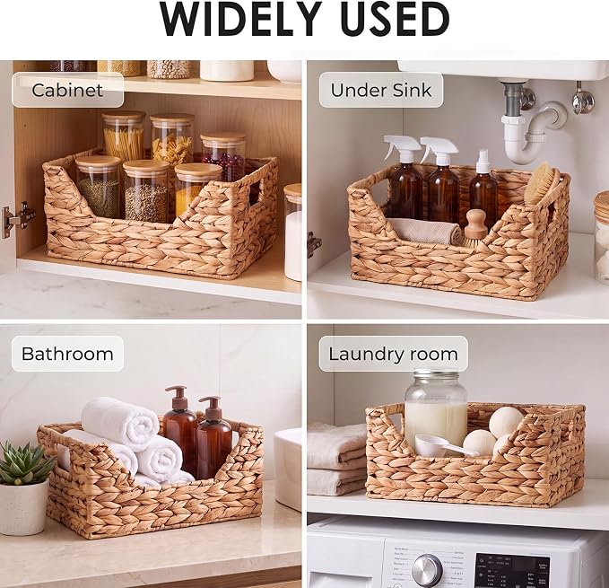 Mifoci Water Hyacinth Wicker Storage Basket with Open Front Stackable Bin Basket and Handles for Pantry Shelves Gift Toys Decorative Natural Rectangular Handwoven Basket for Home Decor