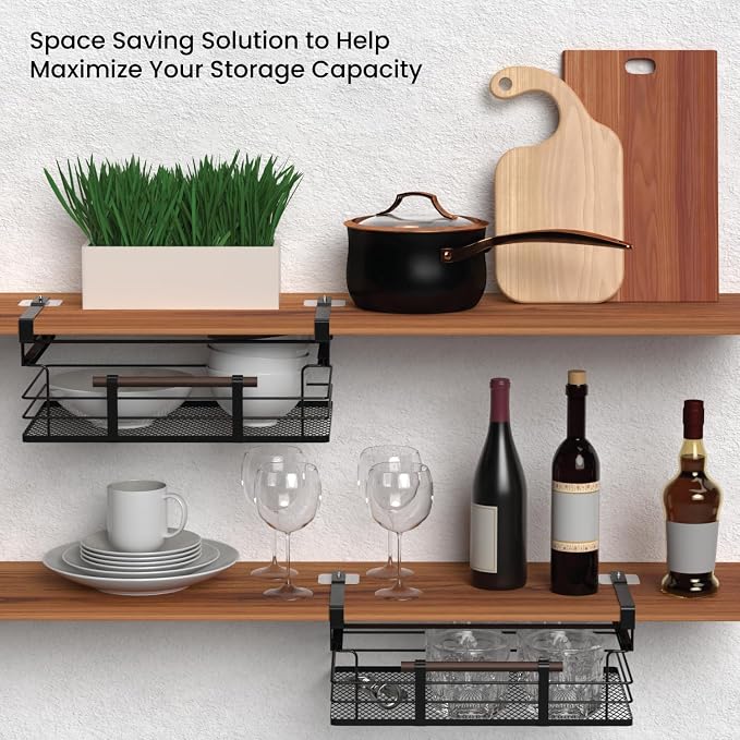 Home Zone Living Pull-Out Kitchen Cabinet Under Shelf Drawer Organizer | Steel Mesh Basket Frame with Wooden Handle, 17" x 11" x 7", Black