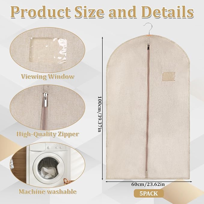 5 Packs Cotton Garment Bag for Hanging Clothes, 40" Breathable Hanging Suit Cover, Linen Garment Bags for Clothes Coats, Leather Jackets, Sweaters and Closet Storage