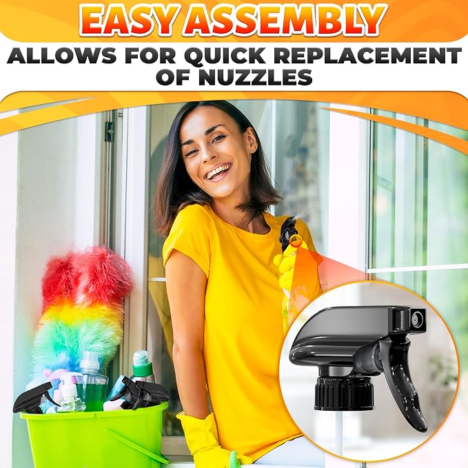 12 Pack Spray Nozzle for Bottles, Trim-To-Fit Tube; Plastic (Black) | Spray Bottle Nozzle Replacement; Fits 8 and 16 Oz; Trigger Sprayer with Mist, Stream & Off Modes; for Cleaning and Garden