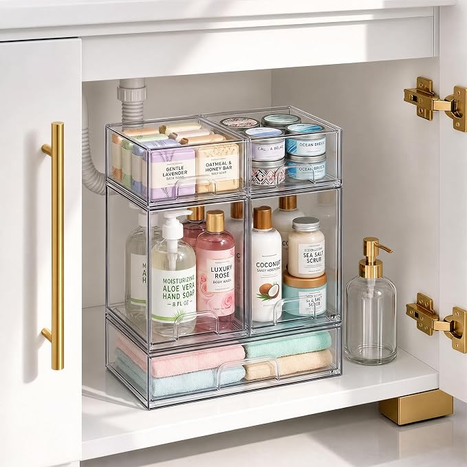 TIPGO Clear Stackable Storage Drawers, Baby Bottle Organizers, Easily-Access Makeup Organizer, Durable Containers for Bathroom Countertop, Pantry and Medicine Cabinet Organizer