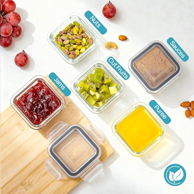 Vtopmart 5Pack 5oz Small Glass Storage Containers with Lids, Glass Meal Prep Food and Sauce Container Sets with Snap Airtight Lid for Microwave, Oven, Freezer and Dishwasher, Grey