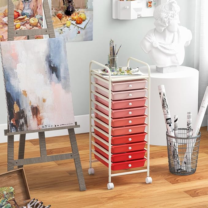 DREAMADE Rolling Cart with Storage Drawers, Utility Cart with Removable Plastic Drawers, Lockable Wheels, Art Cart for Classroom Organization Art Supplies Office Scrapbook (10 Drawers, Mixed-pink)