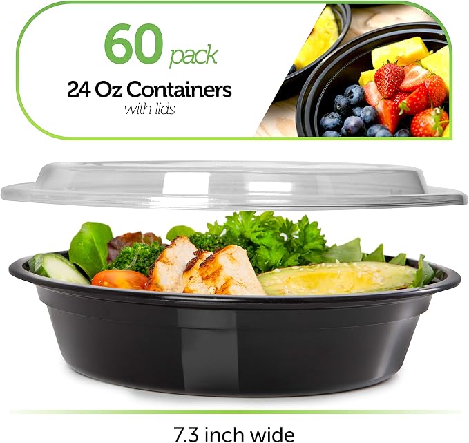 PrepNaturals Reusable Plastic Containers with Lids, 60 Pack, Black, Meal Prep Bowls, Lunch Containers, BPA, PVC and Phthalate Free, Microwave and Freezer Safe | Reusable BPA-Free Meal Prep Containers - Leak-Proof Lids, Microwave & Freezer Safe for Port...