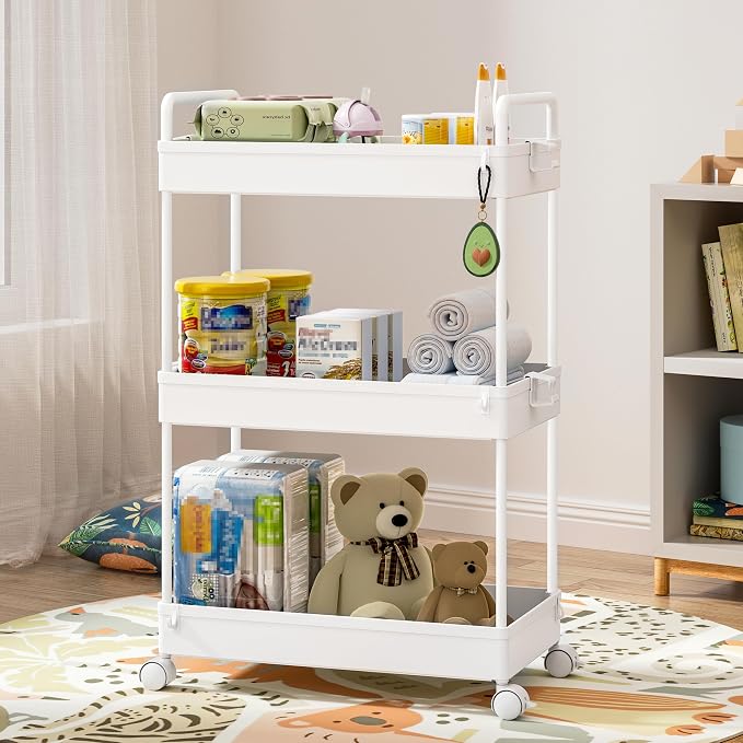 Ronlap 3 Tier Slim Rolling Storage Cart with Wheels Utility Organizer,White | For bathroom, laundry, kitchen, bedside & dorm. Fits art, craft, snack, makeup, nail, diaper & postpartum baby supplies