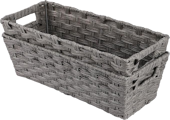 2-Pack Plastic Wicker Toilet Paper Baskets, 15.75"x6.75"x4.75", Grey | Versatile woven bins for bathroom, toilet tank, shelf organization, and home decor.