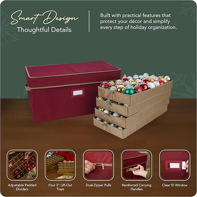 Covermates Keepsakes Adjustable Ornament Storage Box – Heavy-Duty Polyester, Padded Dividers & FlexGrid Trays – Protective Holiday Organizer with Stackable Walls & Label Window, Red