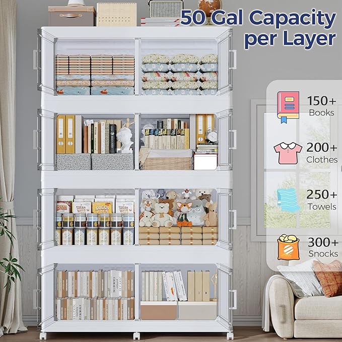 200GAL Storage Bins with Lid and Wheels, Stackable Closet Organizers and Storage Drawer, Collapsible Storage Box with Dividers, Foldable Plastic Cabinets for Room, Kitchen, 4 Pack White