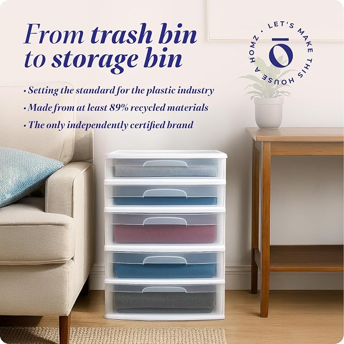 HOMZ Drawer Tower, 5-Tier Extra-Wide Clear Plastic Storage Organizer Cart, White Frame - Organizing Containers for Home, Office, Bathroom, Bedroom, and Classroom