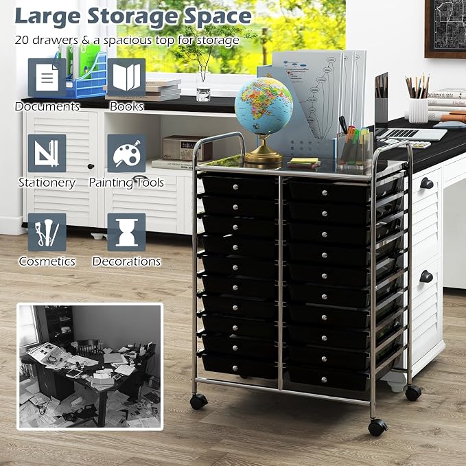 LDAILY 20-Drawer Rolling Storage Cart, Rolling Storage Cart, Storage Organizer on Wheels, Metal Frame, Scrapbook Paper Tools, Suitable for Office School, Classroom (Black, 20 Drawer)