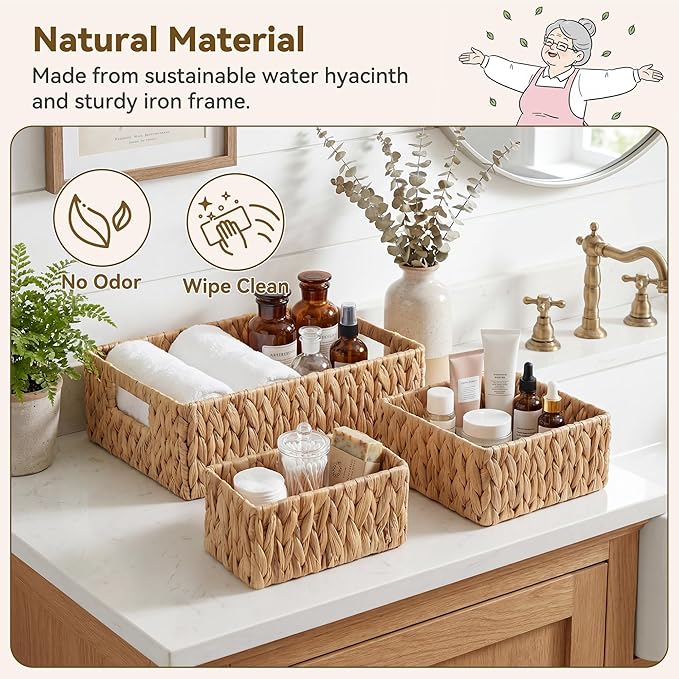 GRANNY SAYS Wicker Baskets for Shelves 3 Pack, Large Wicker Storage Baskets with Handles, Water Hyacinth Woven Basket for Organizing