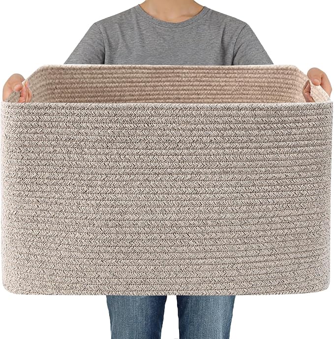 JMvicyroam Woven Blanket Basket,65L Large Storage Bin for Blankets Toys Clothes,Decorative Rope Basket for Living Room Bedroom with Handles, Oatmeal