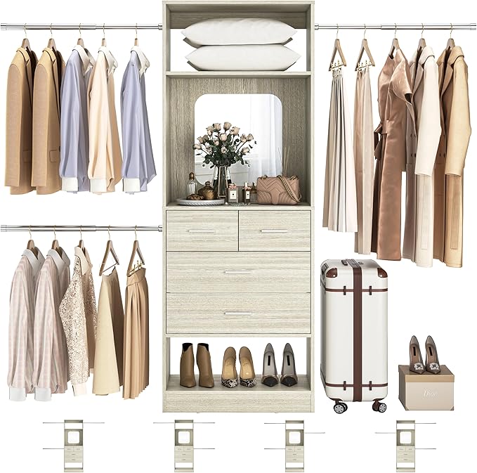Unikito 8FT Closet System, Customizable 96” Closet Storage Organizer with 25” Tower and 3 Extendable Hanging Rods (Can Be Cut to Fit), Heavy Duty Clothing Racks with 4 Drawers and Shelves, White Oak
