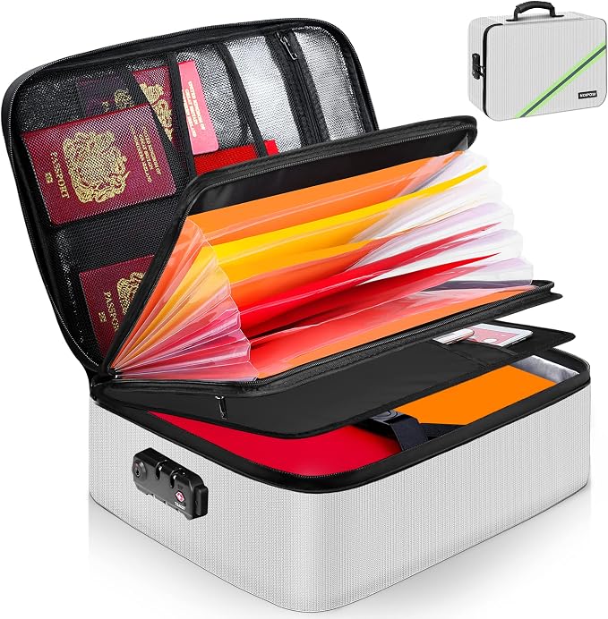 Noiposi 5200℉ Fireproof Document Box with Lock 16.1"x11.4"x4.3" | Portable ,Home ,Travel Water Resistant Document Storage Organizer for Important Documents and File ,Silver