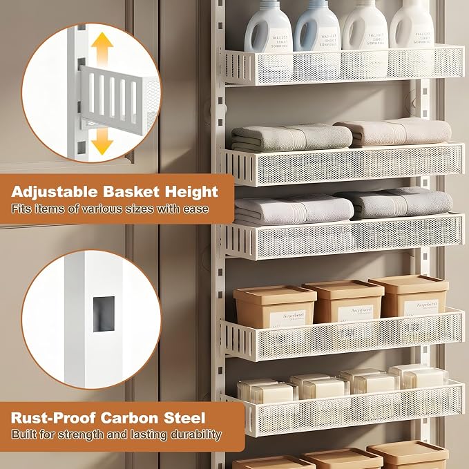 Over the Door Pantry Organizer, 8-Tier Heavy-Duty Door Spice Rack with Mesh Baskets, Height Adjustable & Anti-Swing Design, Pantry Door Organizers and Storage for Kitchen, Bathroom