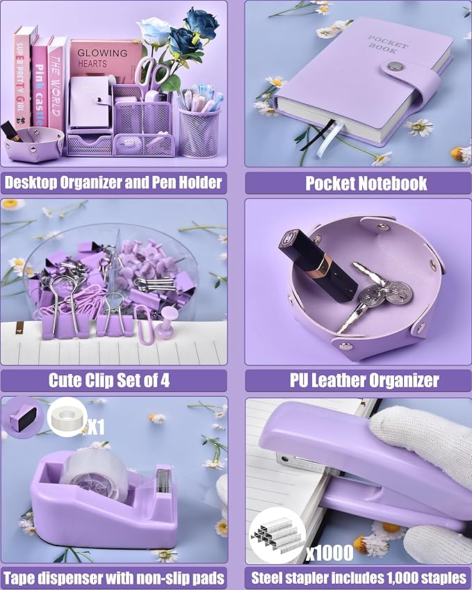 Purple Desk Accessories, 26Pcs Office Supplies and Desk Organizers, with Tape Dispenser, Stapler, Staple Remover Ect, Gift Box Packaging