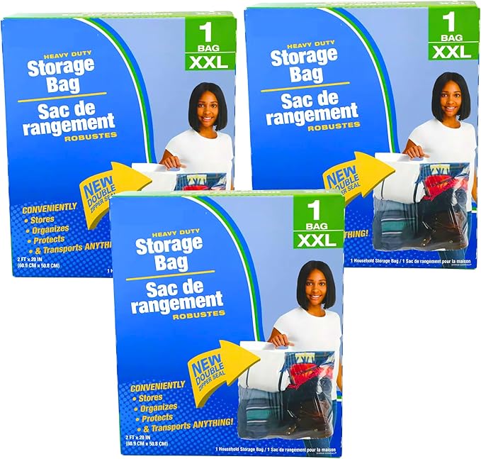 (3) Heavy Duty Storage Bags XXL Moving Traveling Clothing Bedding 2 FT x 20 IN Handles Zip Seal Organization Reusable