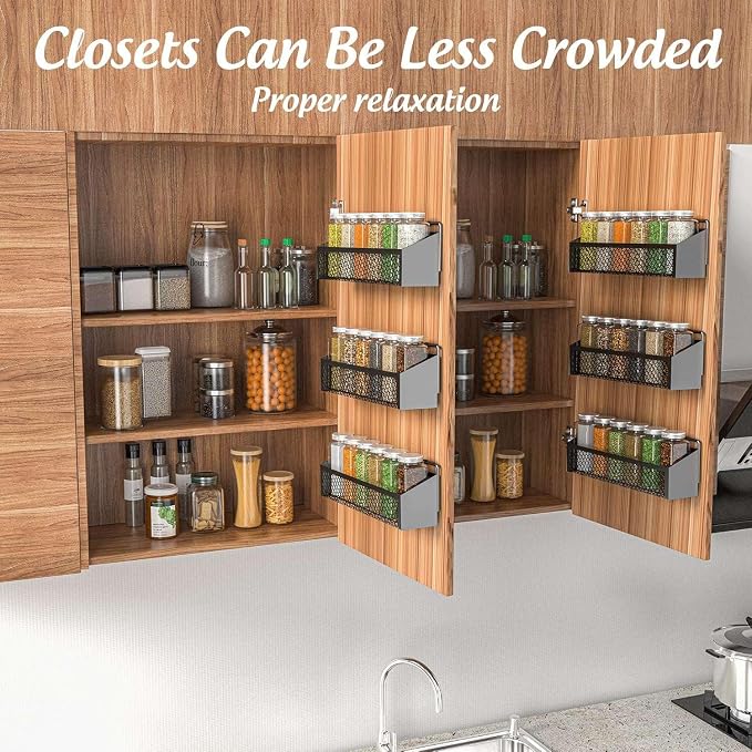 6 Spice Rack Wall Mount Pantry Organizer for Cabinet Over Door, Hanging Black Spice Pantry Organization Storage Shelf, Farmhouse Kitchen Seasoning Organizer