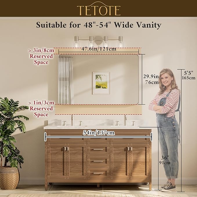 TETOTE 48 x 30 Inch Bathroom Mirror, Brushed Gold Metal Framed Wall Mounted Mirrors, Brushed Brass Rectangle Modern Decorative Vanity Mirror (Horizontal/Vertical)