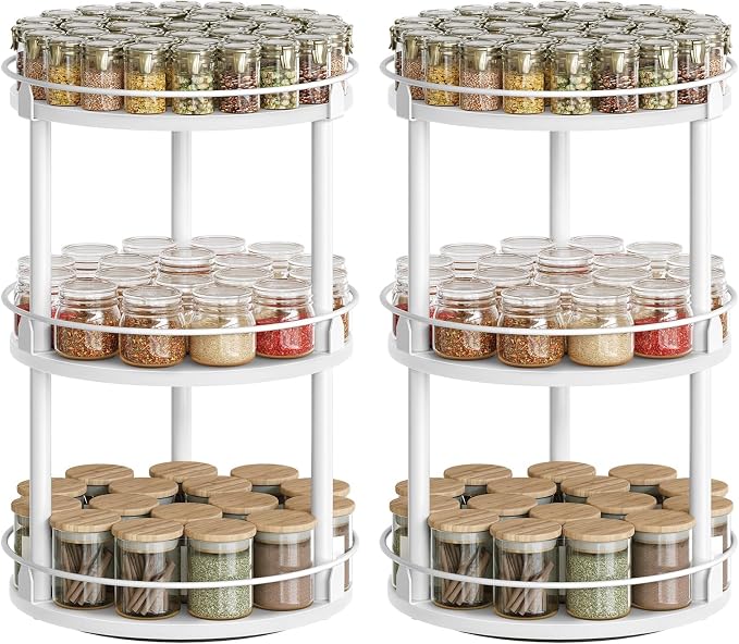 YATINEY Spice Rack, Set of 2 Lazy Susan Organizer, 3-Tier Turntable Organizer For Cabinet, Compact and Versatile, for Kitchen Countertop, White SR23L2WW