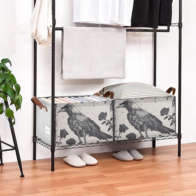Gothic Skeleton Crow Roses Storage Bins for Shelves with Labels&Handles Fabric Organizer Bin Foldable Rectangle Storage Basket Boxes for Closet, Bathroom, Home, Living Room